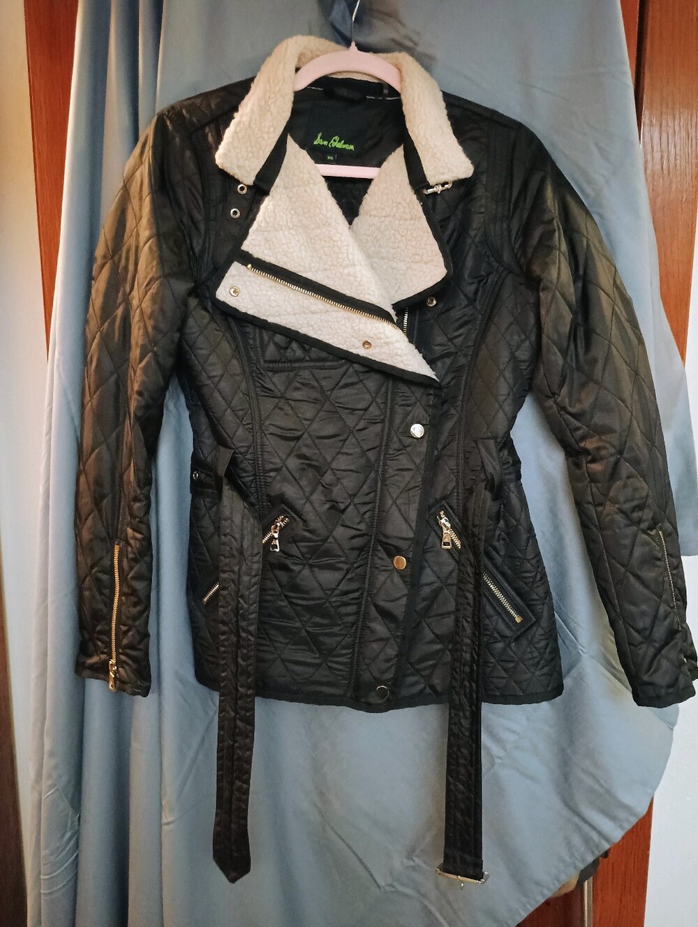 Sam Edelman Black Rylie Moto Quilted Jacket Sherpa Accent Sz XS